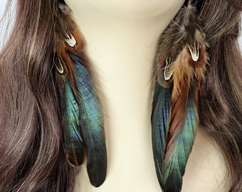 Natural Feather Earrings, Brown Feather Boho Chic Style Natural Jewelry, Long Length Gypsy Festival Accessories