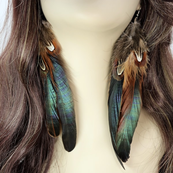 Natural Feather Earrings, Brown Feather Boho Chic Style Natural Jewelry, Long Length Gypsy Festival Accessories