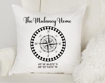 GPS Coordinates with Compass Rose Pillow Cover, Nautical Themed Location Farmhouse Cottage Style cushion, New Home , Wedding, Birthday Gift