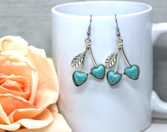 Turquoise Blue Cherry Heart Drop Earrings, Silver Leaf Blue Gemstone Earrings,BohoDangles, Heart Drop Earrings Everyday Earrings,