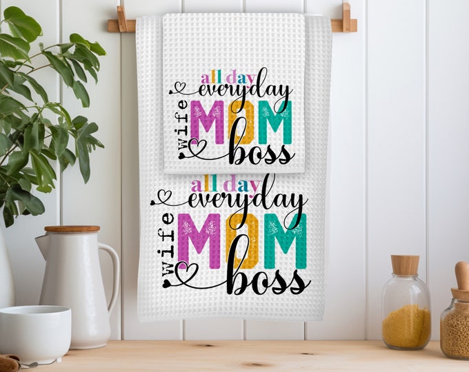 Featured listing image: All Day Every Day Wife Mom Boss Kitchen Towel and Dish Cloth Set or Single, Mom Love Waffel Weave Mother's Day Gift