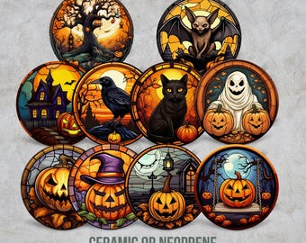 Halloween Coaster, Round Fall Decor, Ceramic or Neoprene Rubber Seasonal Spooky Home Furniture Protection