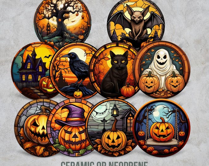 Featured listing image: Halloween Coaster, Round Fall Decor, Ceramic or Neoprene Rubber Seasonal Spooky Home Furniture Protection