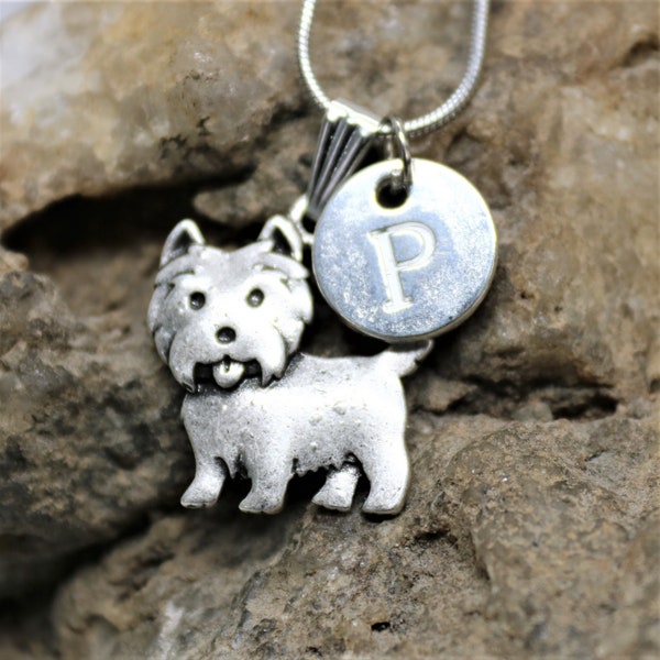 Silberne personalisierte Westie Halskette, Hundeliebhaber Halskette mit Initiale, Geschenk für Sie, Geschenk für Ihn