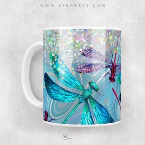 Personalized Dragonfly Glitter Animal Print Mug, Blue Ceramic with Multi Colored Dragonfly Drinkware for Coffee, Hot Chocolate, Tea