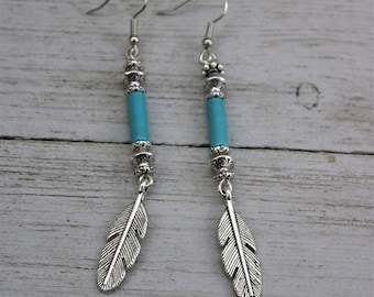 Silver Feather Earrings, Turquoise Bead Boho Chic Dangle, Long Silver Statement Accessory, Bohemian Tribal Gift for her, December Birthday