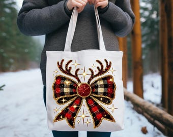 Deer Antler Bow Polyester Canvas Tote Bag, Funny Personalized Holiday Shopping Carry All, Eco Friendly Seasonal Reusable Tote