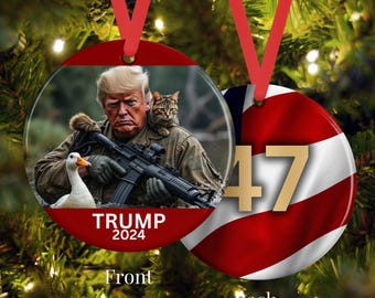 Trump as an Armed Animal Defender, 47th President Tree Decoration Features the Duck & Kitten  , Patriotic Historical Keepsake Political Deco