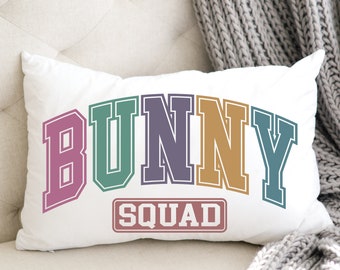 Bunny Squad Lumbar Pillow Cover, Easter Spring Pastel Accent Pillow, Farmhouse Cottage Style Pink Blue Home Throw Cushion Cover