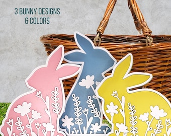 Standing Easter Bunny, Tiered Tray Display, Spring Pastel Rabbit Shelf Sitter, Flower Cutout, Easter Table Centerpiece, Nursery Decor Gift