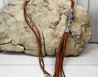 Long Leather Beaded Tassel Pendant Necklace, Natural Bohemian Tassel, Black and Silver Boho Fashion Accessory, Genuine Leather Gift for Her