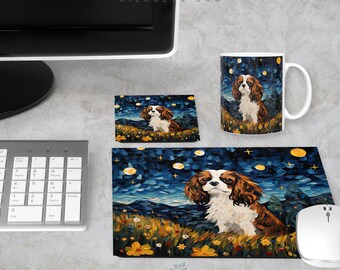 Starry Night Cavalier King Charles Spaniel Home Work Desk Set Inspired By Vincent van Gogh, Mousepad Coaster Mug Office Computer Table Decor