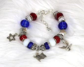 Charm Bracelet Large Hole Bead Pandora Style Patriotic Bracelet, American Red White and Blue USA Flag Themed Jewelry Accessory, Gift for Her