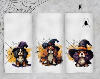 Halloween Cavalier Witch Kitchen Towel and Dish Cloth Set, Cavalier King Charles Spaniel Spider Web, CKCS Mom lover Gift