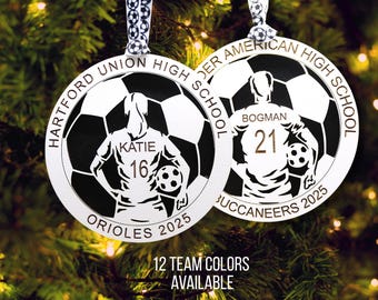 Personalized 3D Soccer Ornament, Engraved Layered Wooden Sports Ornament with Team Name and Custom Text, Senior Night Soccer Jersey Gift