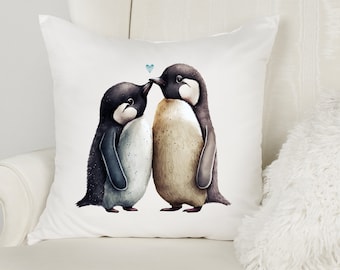 Penguins Kissing Pillow Cover with blue Heart, Decorative Penguin Love Throw Pillow, Winter Holiday Seasonal Home Decor