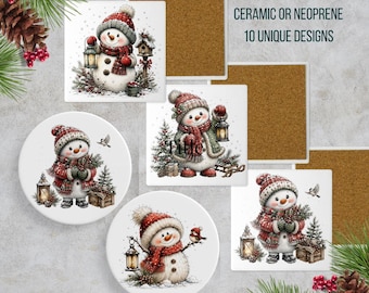 Snowman Coaster, Round or Square Seasonal Christmas Home Decor, Ceramic or Neoprene Rubber Holiday Home Furniture Protection Gift