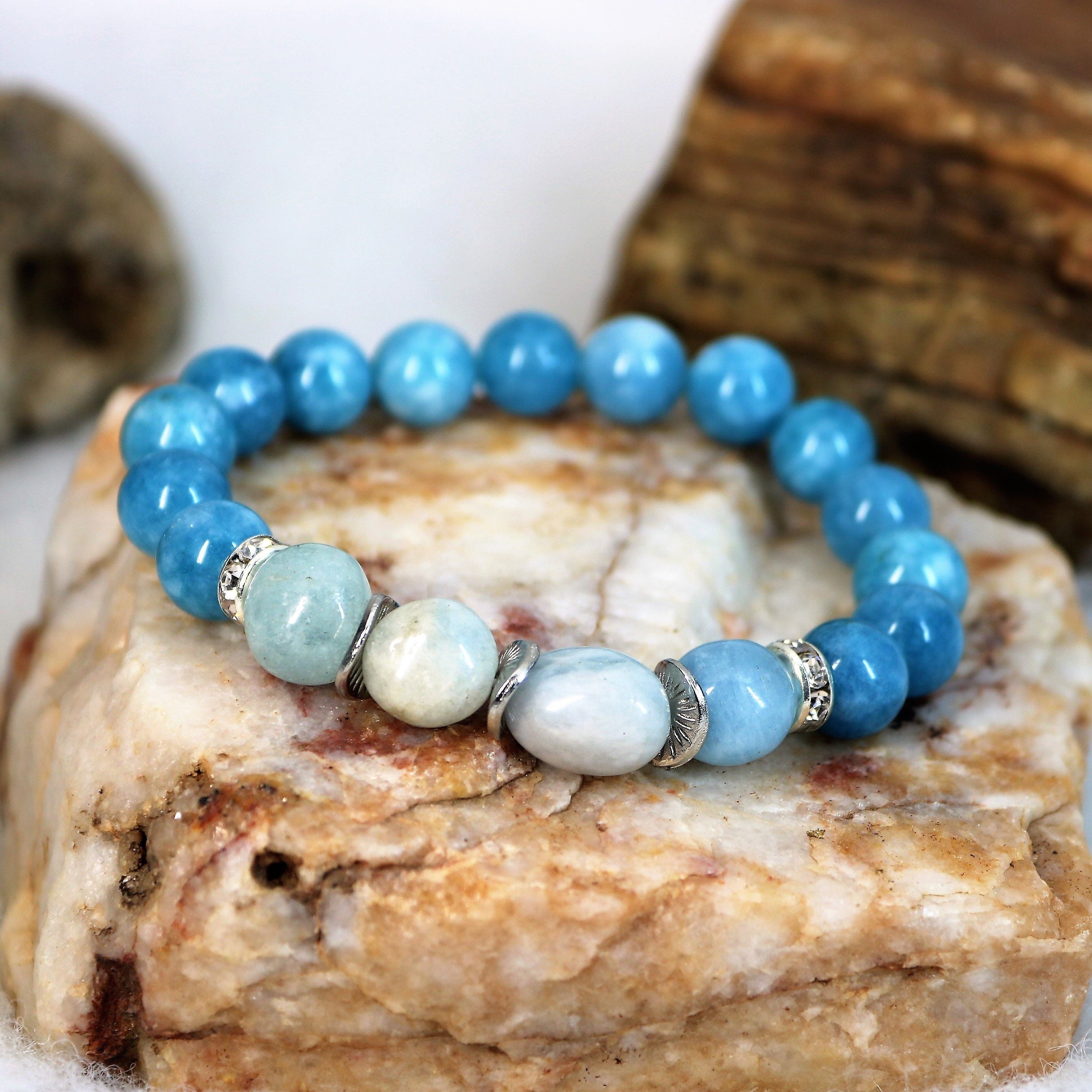MERMAID Sunstone, Rhodochrosite, Kunzite, Blue Lace Agate, Aquamarine and  Larimar Crystal Healing Bracelet - Etsy | Crystal healing bracelets, Beads  bracelet design, Healing gemstone bracelets
