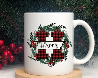 Personalized Buffalo Plaid Monogram Holiday Pine and Holly Wreath Ceramic Mugs,  White or Red Checkered Christmas Coffee Cup, Drinkware Gift