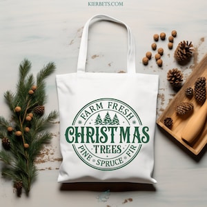 Farm Fresh Christmas Trees Polyester Canvas Tote Bag, Personalized Holiday Shopping Carry All, Eco Friendly Seasonal Resueable Tote