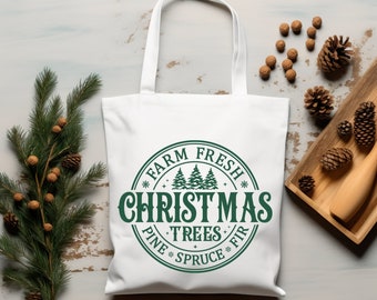 Farm Fresh Christmas Trees Polyester Canvas Tote Bag, Personalized Holiday Shopping Carry All, Eco Friendly Seasonal Resueable Tote