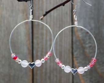 Rose Quartz Heart Beaded Hoop Earrings, Valentine Day Gift For Her, Weekday Office or Weekend Wear Accessory, Girlfriend Love Gift Jewelry