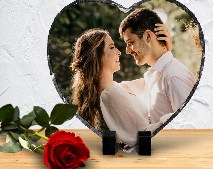 Featured listing image: Heart Shaped Slate Stone Custom Photo Frame Gift, Personalized Keepsake in Natural Rock for Valentine, Wedding, Anniversary, Christmas