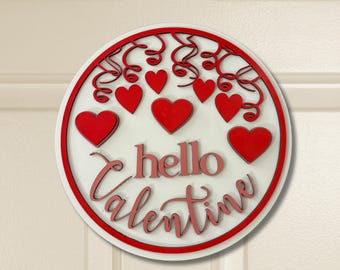 Hello Valentine Wood Sign, 11 Inch Heart Door Hanger
