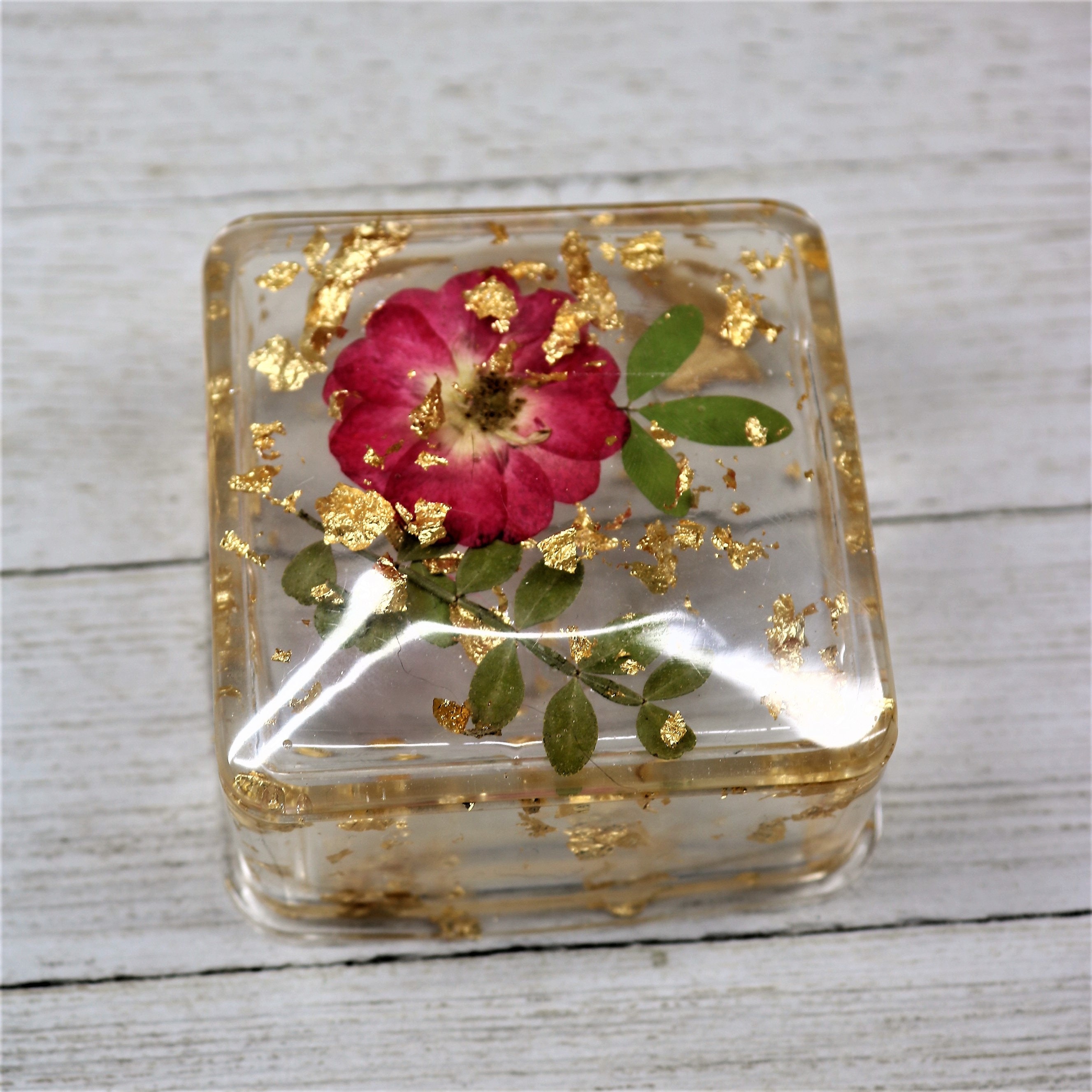 Resin Trinket Box with Lid, Real Dried Red Rose and Leaves Floating in
