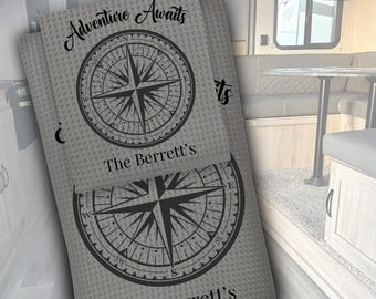 Personalized Adventure Awaits Gray Compass Camping Kitchen Towels, Custom Dish Cloths for Summer Outdoor Living Easy Care, Tenting RV, Gift
