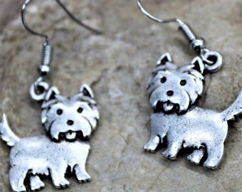 Westie Dog Lover Earrings, Cute Pup Ear Wires, Antique Silver Pet Breed Jewelry, Puppy Love, Gift for her