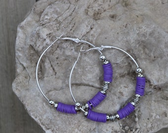 Purple and Silver Beaded Hoop Earrings, Valentine Day Gift For Her, Weekday Office or Weekend Wear Accessory, Girlfriend Love Gift Jewelry