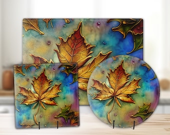 Gold Maple Leaf on Colorful Background with 3D Effect on Personalized Tempered Glass Cutting Board, Modern Chopping Tray, Charcuterie Board