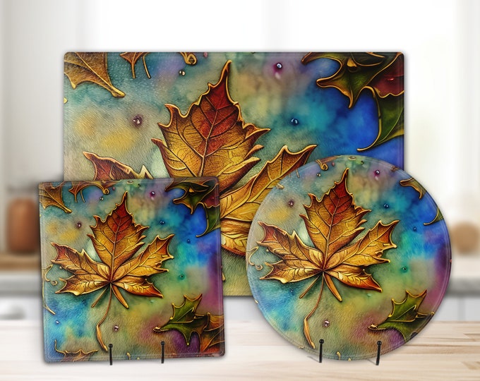Featured listing image: Gold Maple Leaf on Colorful Background with 3D Effect on Personalized Tempered Glass Cutting Board, Modern Chopping Tray, Charcuterie Board