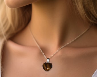 Tiger Eye Heart Pendant Necklace Silver Snake Chain Golden Brown Gemstone Luck Focus Healing Stone Anxiety Depression, Birthday Gift for Her