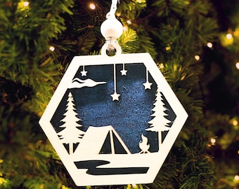 Camping Ornament,  Wooden Christmas Tree Decoration, Tent in Forest Laser Cut Festive Holiday Decor
