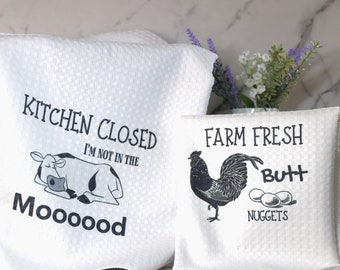 Funny Farmhouse Style Cow or Chicken Waffel Weave Dish Towels, Punny Kitchen Towels Home Decor Gift, Shower, Hostess, Birthday, Housewarming