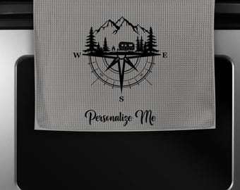 Personalized Tow Behind Camper Kitchen Towels, Mountains Compass Waffle Weave Cloths