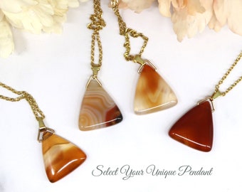 Carnelian Triangle Red and Gold Pendant,  Healing Stone for Stress, Courage and Self Confidance Chakara Stone