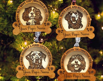 Personalized Dog engraved Ornaments, Customize with Your, Name, Fun Doggie Saying, Wooden Christmas Holiday Tree Decoration, 75 Breeds Gift
