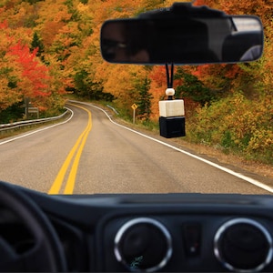 May include: A black and white wooden car air freshener hanging from the rear view mirror of a car. The car is driving down a winding road with autumn foliage on either side.