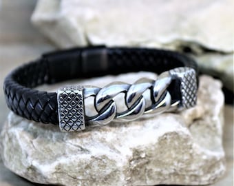 Braided Leather and Polished Steel Bulky Cable Chain Magnetic Hook Closure Bracelet, Unique Men's Jewelry, Boyfriend Bracelet,  Gift for Him