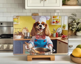 Cavalier King Charles Spaniel Chef Personalized Tempered Glass Cutting Board, CKCS Blenheim Cooking Charcuterie Kitchen Art Gift for Her Him