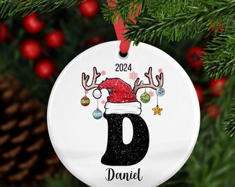 Santa Hat Monogram Personalized Ceramic Ornament, Snow, Antlers, Christmas Balls Family Name Holiday Tree Decor