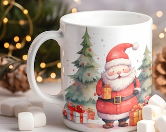 Santa and Raindeer with Pine Trees and Presents Watercolor Mug, Christmas Holiday Coffee Drinkware Gender Neutral Gift