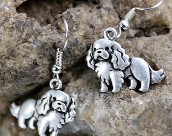 Dog Lover Dangle Earrings, Cavalier King Charles Spaniel Dog Earrings, Antique Silver Cavie Pet Breed Jewelry, Dog Present, Gift for her