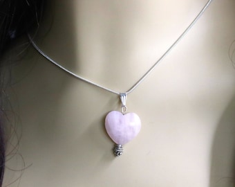 Rose Quartz Crystal Heart Pendant Necklace, Silver Snake Chain Pink Gemstone Love Jewelry, Romance Healing Stone, Valentine Day Gift for Her