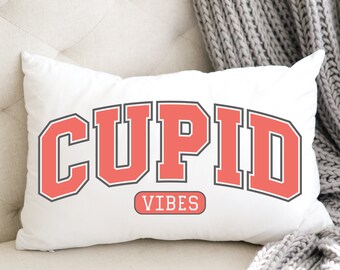 Valentines Day Cupid Vibes Lumbar Pillow Cover, Pink Romantic Farmhouse Cottage or Brilliant White Throw Cushion Cover Gift, February Love