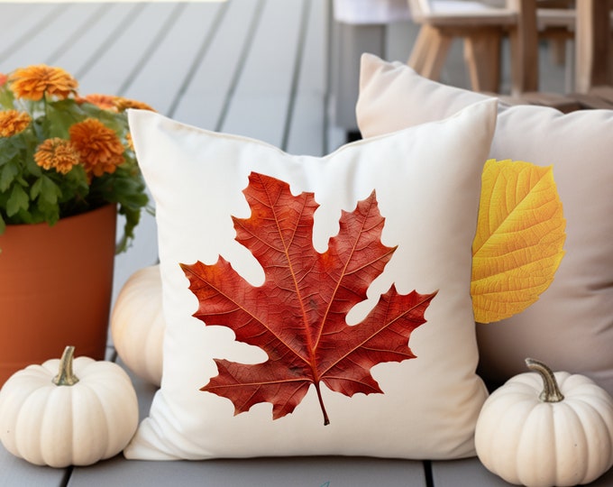 Featured listing image: Fall Leaf Pillow Covers, Autumn Foliage Large Leaves Themed Minimalist Home Decor, Bright Seasonal Thanksgiving Holiday Decoration