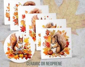 Squirrel Autumn Leaves Coaster, Round or Square Fall Decor, Ceramic or Neoprene Rubber Seasonal Thanksgiving Home Furniture Protection